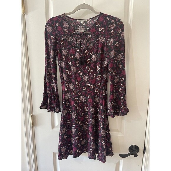American Eagle Size XS Burgundy Floral Print Bell Sleeve Boho Dress - Picture 1 of 11